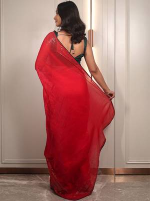 Red embellished sequinned poly chiffon heavy work saree 5