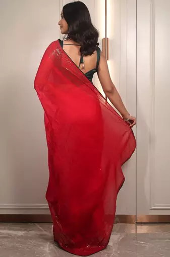 Red embellished sequinned poly chiffon heavy work saree