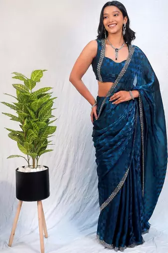 Blue women navy blue organza with sequin work border fesive wear saree