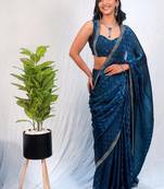 Blue women navy blue organza with sequin work border fesive wear saree