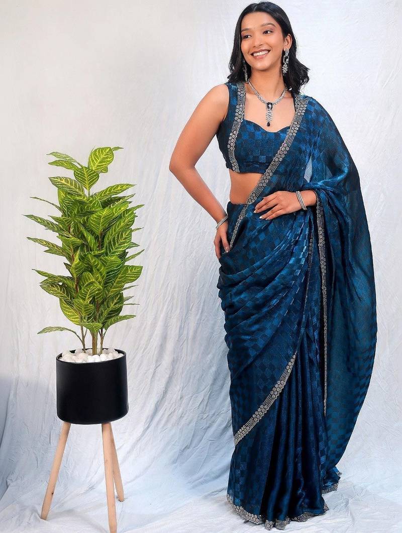 Blue women navy blue organza with sequin work border fesive wear saree