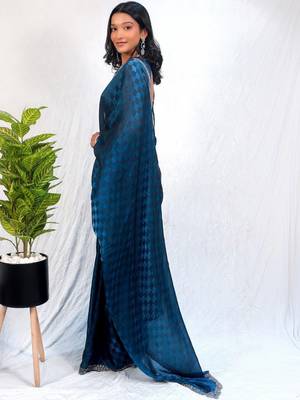 Blue women navy blue organza with sequin work border fesive wear saree 2