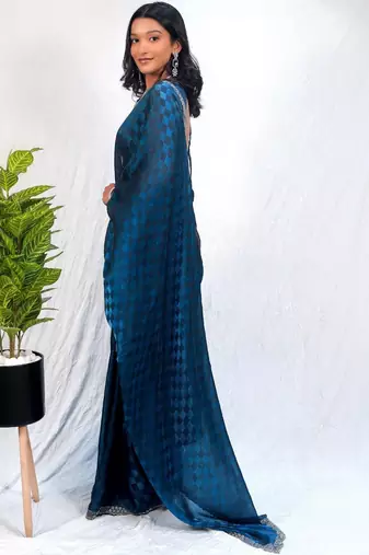 Blue women navy blue organza with sequin work border fesive wear saree