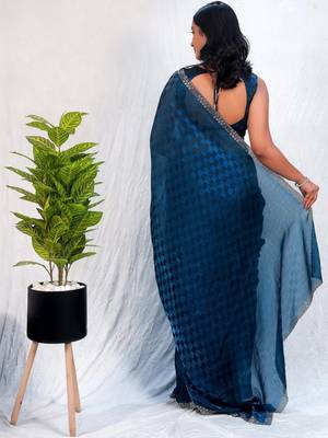 Blue women navy blue organza with sequin work border fesive wear saree 3