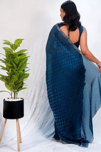 Blue women navy blue organza with sequin work border fesive wear saree