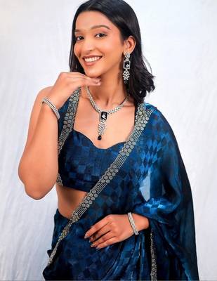 Blue women navy blue organza with sequin work border fesive wear saree 4