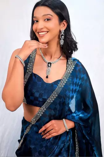 Blue women navy blue organza with sequin work border fesive wear saree