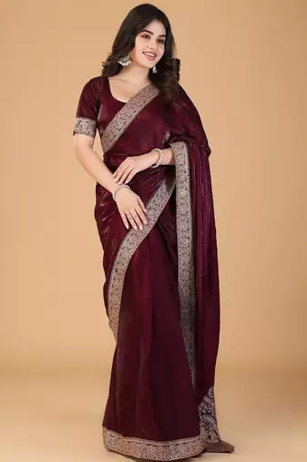 Maroon sequinned border satin saree with unstitched blouse