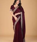 Maroon sequinned border satin saree with unstitched blouse