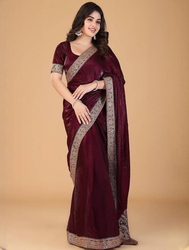 Maroon sequinned border satin saree with unstitched blouse