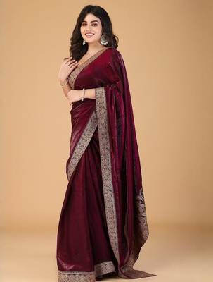 Maroon sequinned border satin saree with unstitched blouse 2