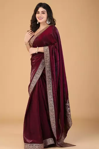 Maroon sequinned border satin saree with unstitched blouse