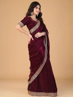Maroon sequinned border satin saree with unstitched blouse 3