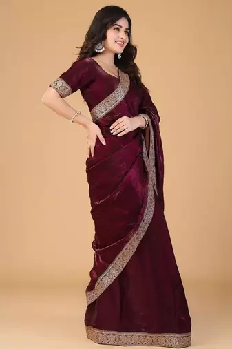 Maroon sequinned border satin saree with unstitched blouse