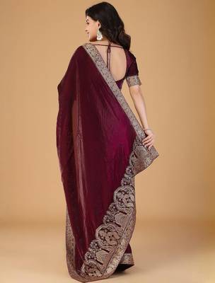 Maroon sequinned border satin saree with unstitched blouse 4