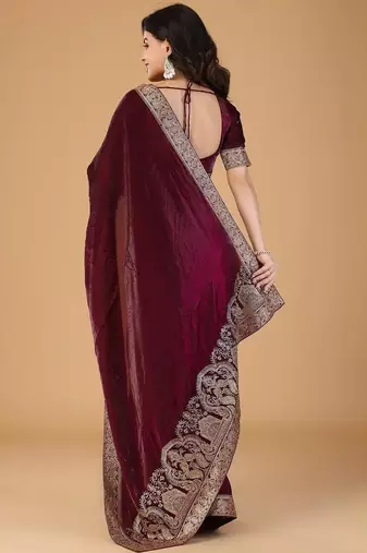 Maroon sequinned border satin saree with unstitched blouse