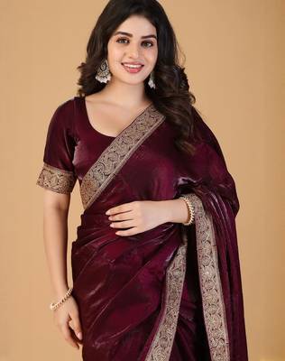 Maroon sequinned border satin saree with unstitched blouse 5
