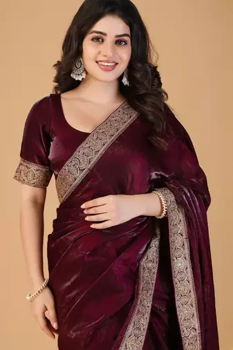 Maroon sequinned border satin saree with unstitched blouse