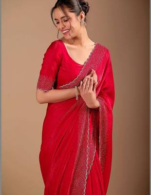 Red embellished sequinned organza heavy work saree 1