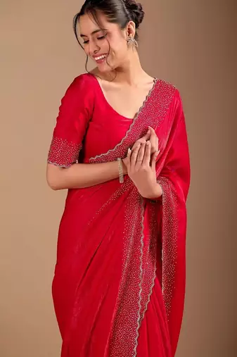 Red embellished sequinned organza heavy work saree