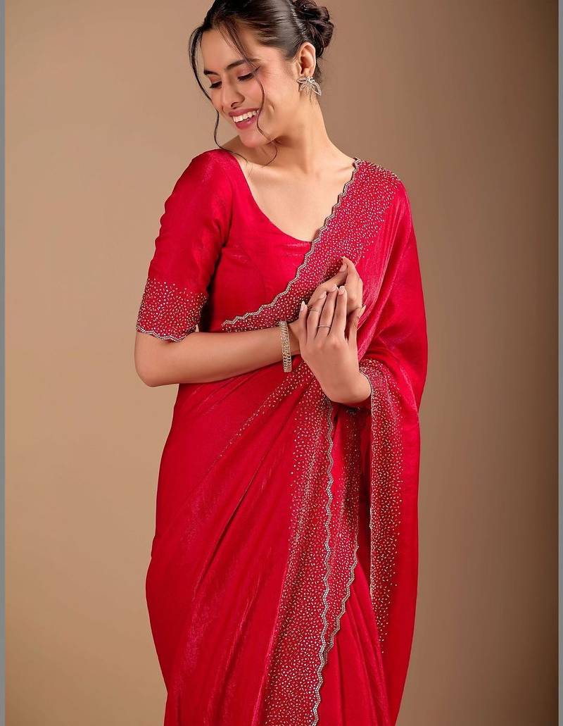 Red embellished sequinned organza heavy work saree