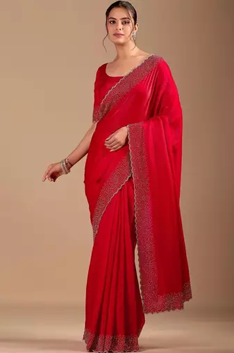 Red embellished sequinned organza heavy work saree