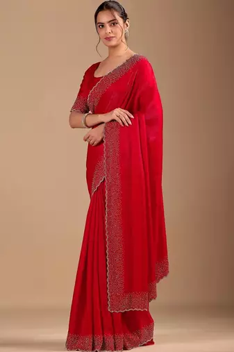 Red embellished sequinned organza heavy work saree