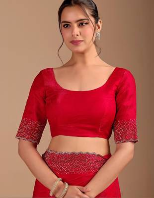 Red embellished sequinned organza heavy work saree 4