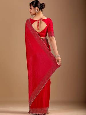 Red embellished sequinned organza heavy work saree 5