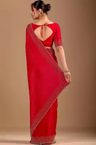 Red embellished sequinned organza heavy work saree