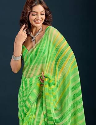 Green leheriya beads and stones  chiffon saree 1