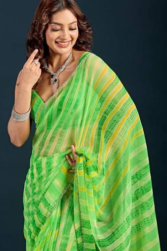 Green leheriya beads and stones  chiffon saree