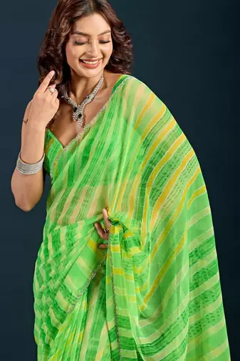 Green leheriya beads and stones  chiffon saree
