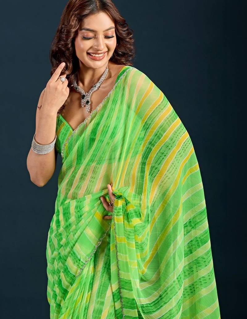 Green leheriya beads and stones  chiffon saree