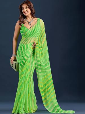 Green leheriya beads and stones  chiffon saree 2