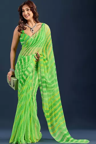 Green leheriya beads and stones  chiffon saree