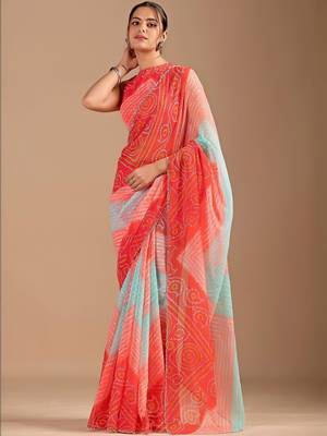 Red bandhani beads and stones poly chiffon saree 1