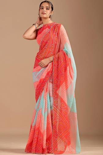 Red bandhani beads and stones poly chiffon saree