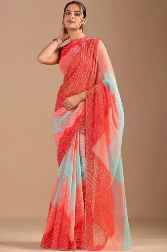 Red bandhani beads and stones poly chiffon saree