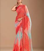 Red bandhani beads and stones poly chiffon saree