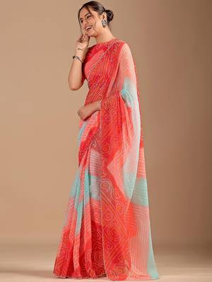 Red bandhani beads and stones poly chiffon saree 3