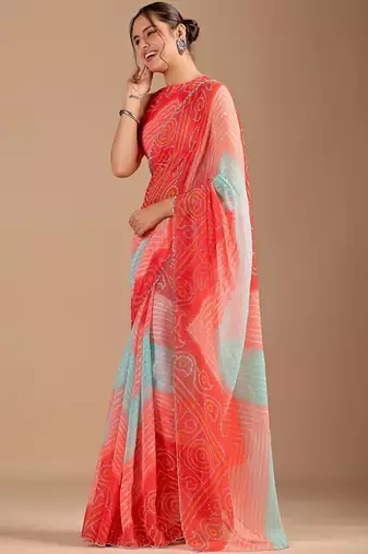 Red bandhani beads and stones poly chiffon saree