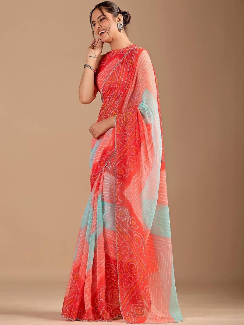 Red bandhani beads and stones poly chiffon saree