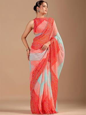 Red bandhani beads and stones poly chiffon saree 4