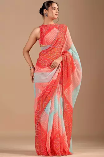 Red bandhani beads and stones poly chiffon saree