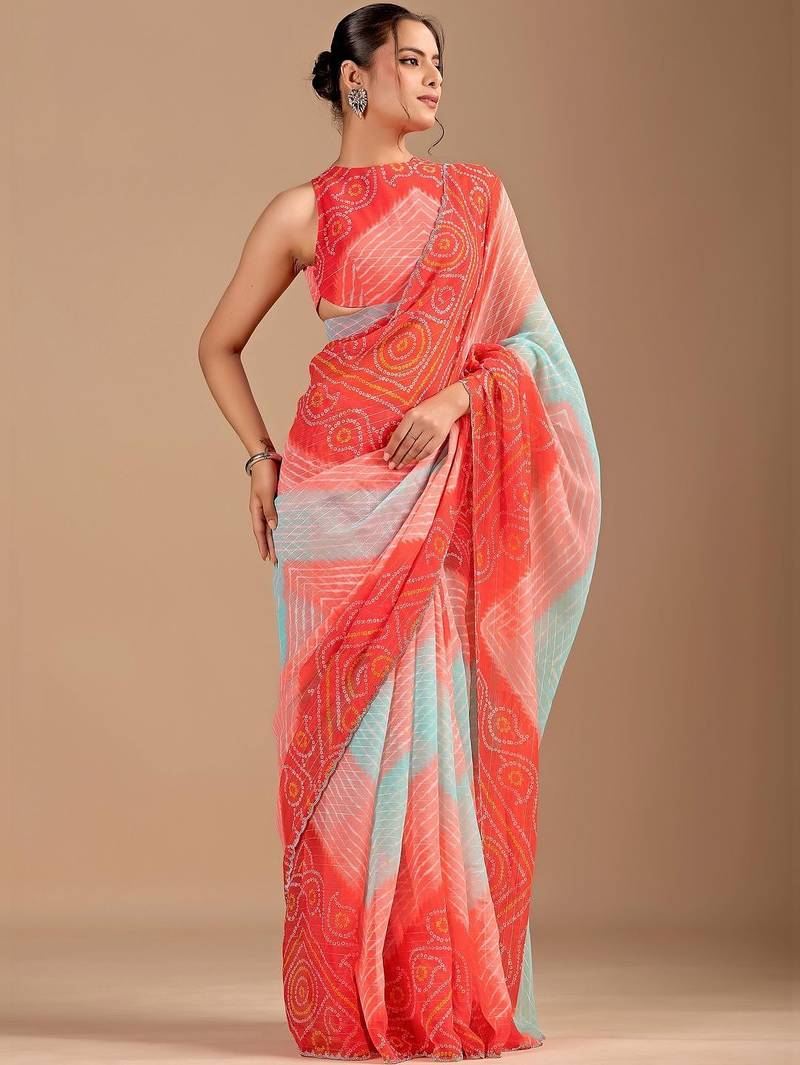 Red bandhani beads and stones poly chiffon saree
