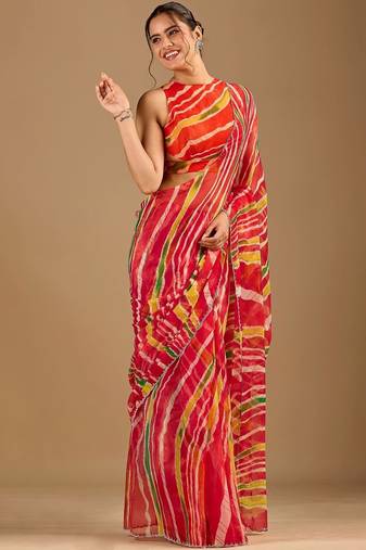 Multicolor leheriya beads and stones poly chiffon handloom saree