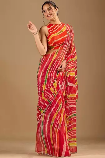 Multicolor leheriya beads and stones poly chiffon handloom saree
