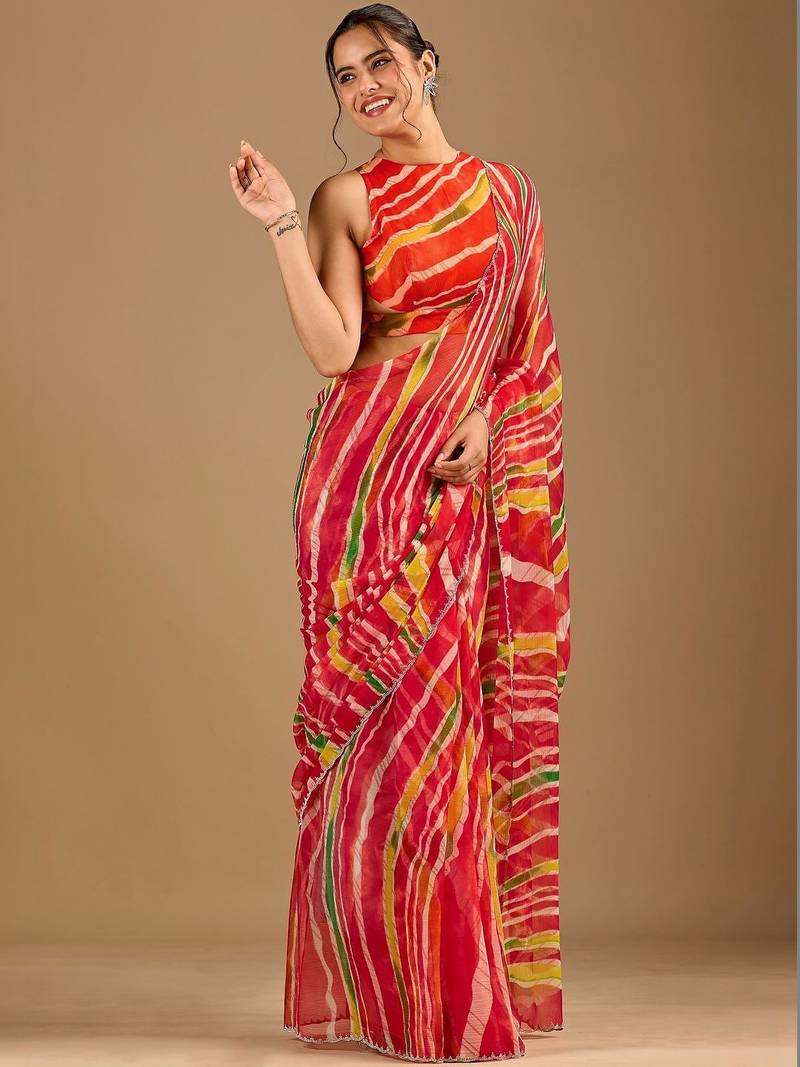 Multicolor leheriya beads and stones poly chiffon handloom saree