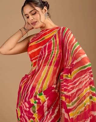 Multicolor leheriya beads and stones poly chiffon handloom saree 2